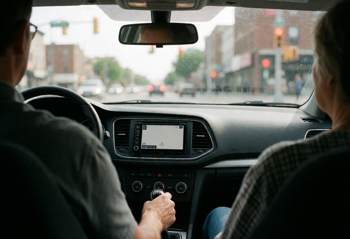 Close-up view of a hand operating the gear shift lever inside a vehicle with a navigation screen visible on the dashboard.