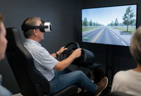 An adult wearing a VR headset operates a steering wheel in a driving simulator at a driving school, with a large monitor displaying a road ahead.