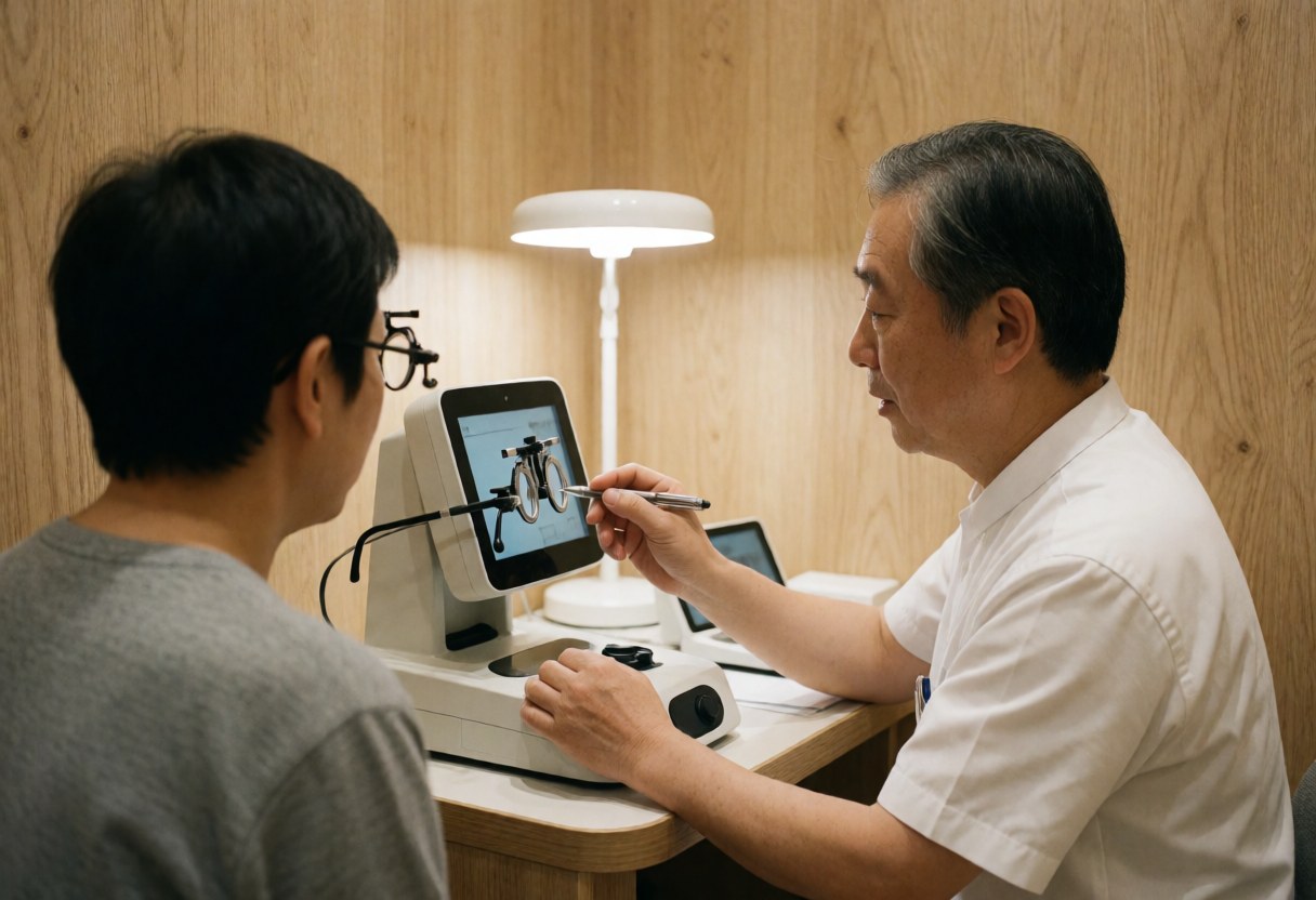 Optometrist explains a lens test to a client in a modern clinic with light wood walls and desk lighting.