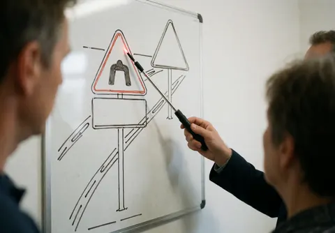 Driving school instructor uses a laser pointer to indicate a traffic sign drawing on a whiteboard during a classroom lesson.