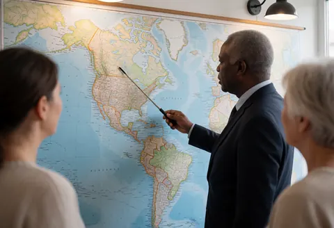 Financial advisor in dark suit points to a map of America with a pointer while two clients watch from behind in a professional office setting.