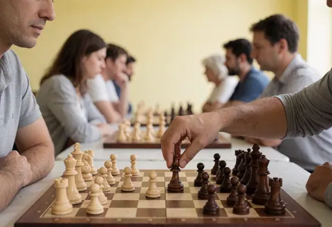 Close-up of a hand moving a chess pawn on a board during a tournament with players in the background.