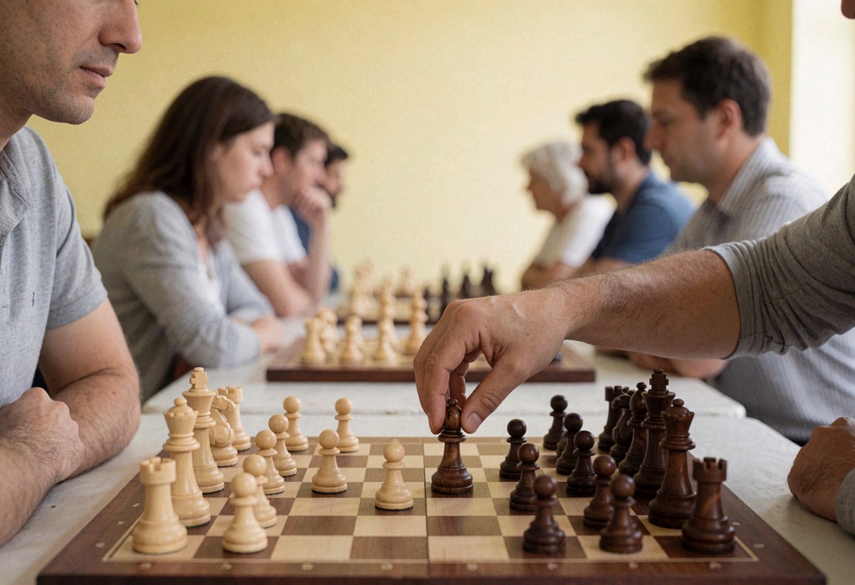 Close-up of a hand moving a chess pawn on a board during a tournament with players in the background.