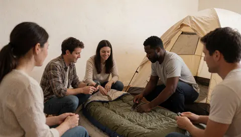 People setting up a sleeping pad inside a tent with painted walls and natural light for outdoor activities.