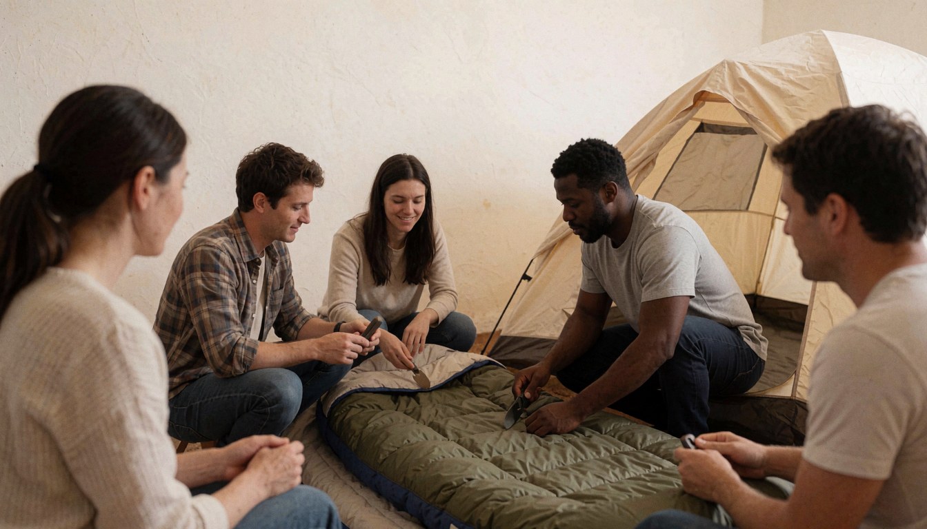 People setting up a sleeping pad inside a tent with painted walls and natural light for outdoor activities.