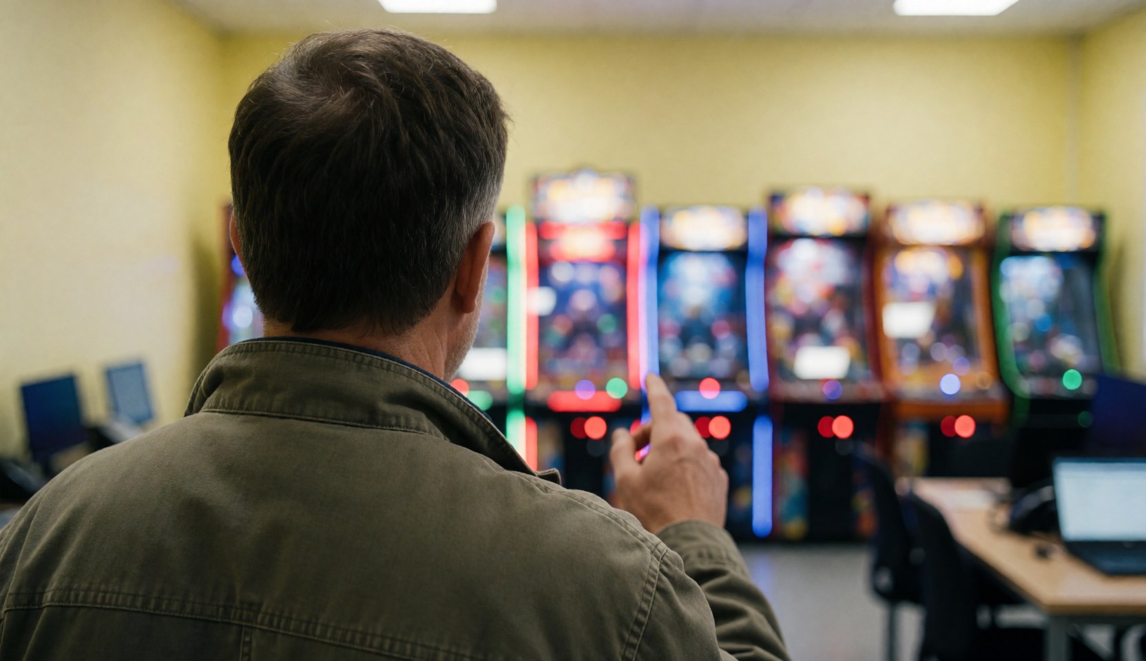 A man from behind points toward bright arcade machines in a vibrant indoor entertainment center with yellow walls.