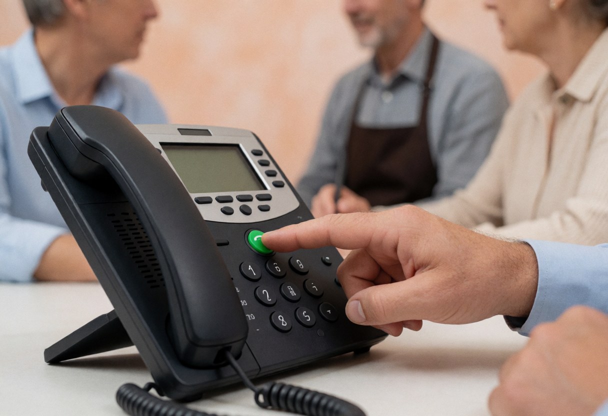 close-up of a finger pressing a green button on a black office phone with terracotta walls in the background