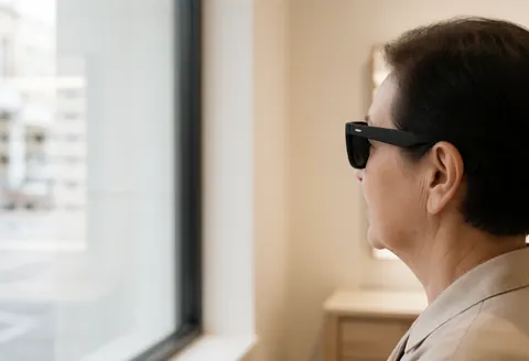 A happy customer wearing dark sunglasses looks at their reflection in a large optical store window with warm white walls.