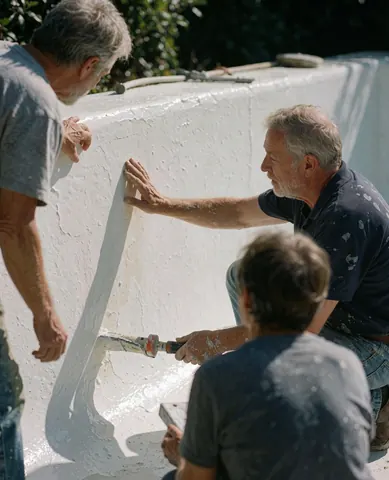 Three men apply white paint to the curved wall of a swimming pool under direct sunlight, showcasing pool installation service in action.