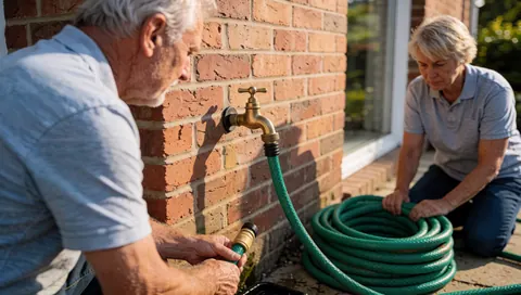 A man connects a green hose to a bronze garden faucet on a brick wall while a woman watches from the ground.