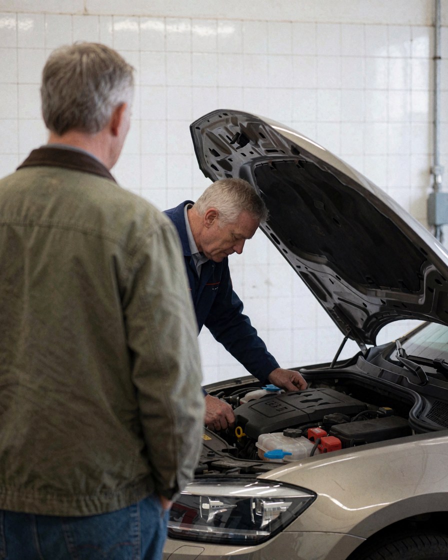Mechanic inspects car engine with hood open while client observes in workshop with white tiled walls