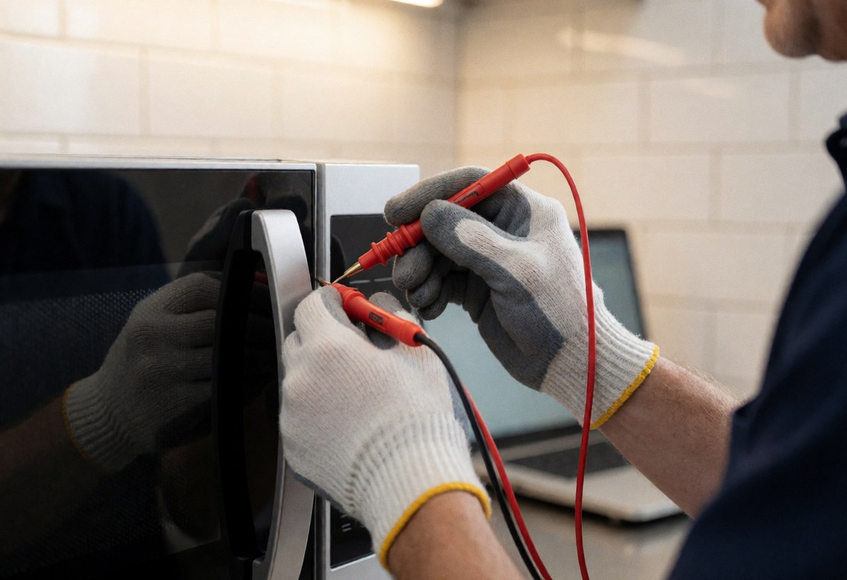 Close-up of technician hands using a multimeter to test the continuity of a microwave oven rubber gasket during repair work.