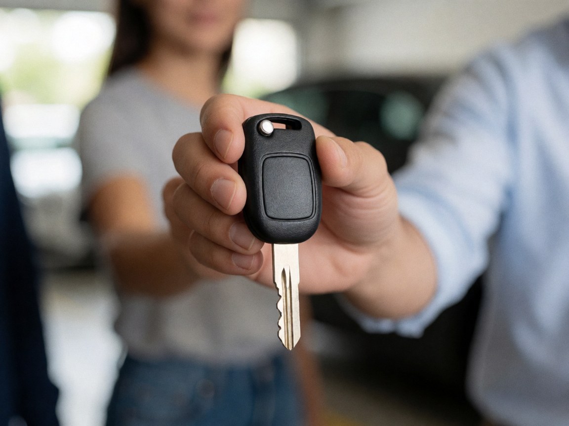 Close-up of a hand handing over a car key, symbolizing vehicle delivery and auto insurance coverage for new customers.