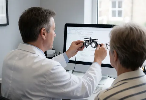 Optometrist adjusting trial frames on a client's nose in front of a computer in a bright office with gray walls