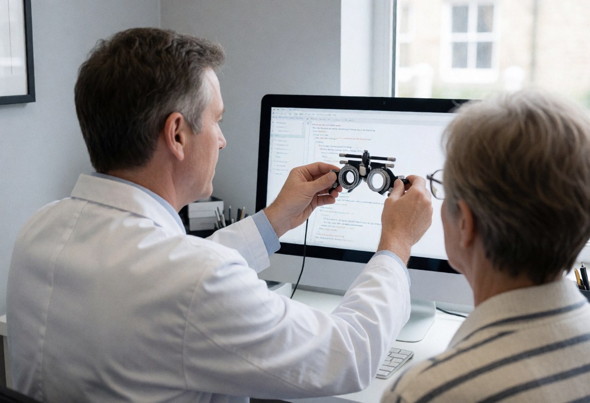Optometrist adjusting trial frames on a client's nose in front of a computer in a bright office with gray walls