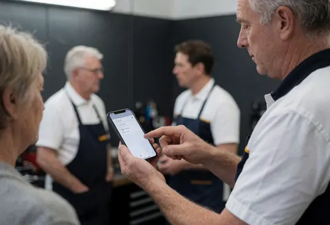Repair technician displays a smartphone screen with diagnostic information to a client while other staff members observe in the background of the workshop.