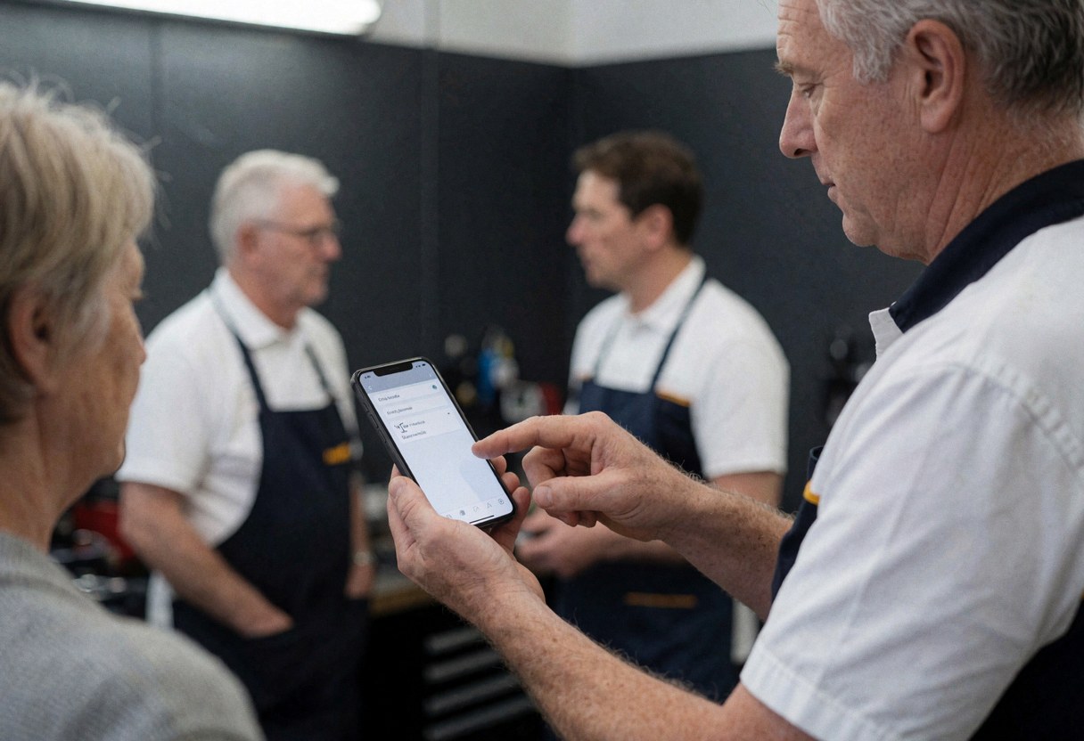 Repair technician displays a smartphone screen with diagnostic information to a client while other staff members observe in the background of the workshop.