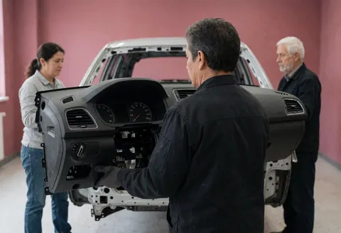 A worker lifts a car dashboard in a workshop with pink walls while two people observe the work.