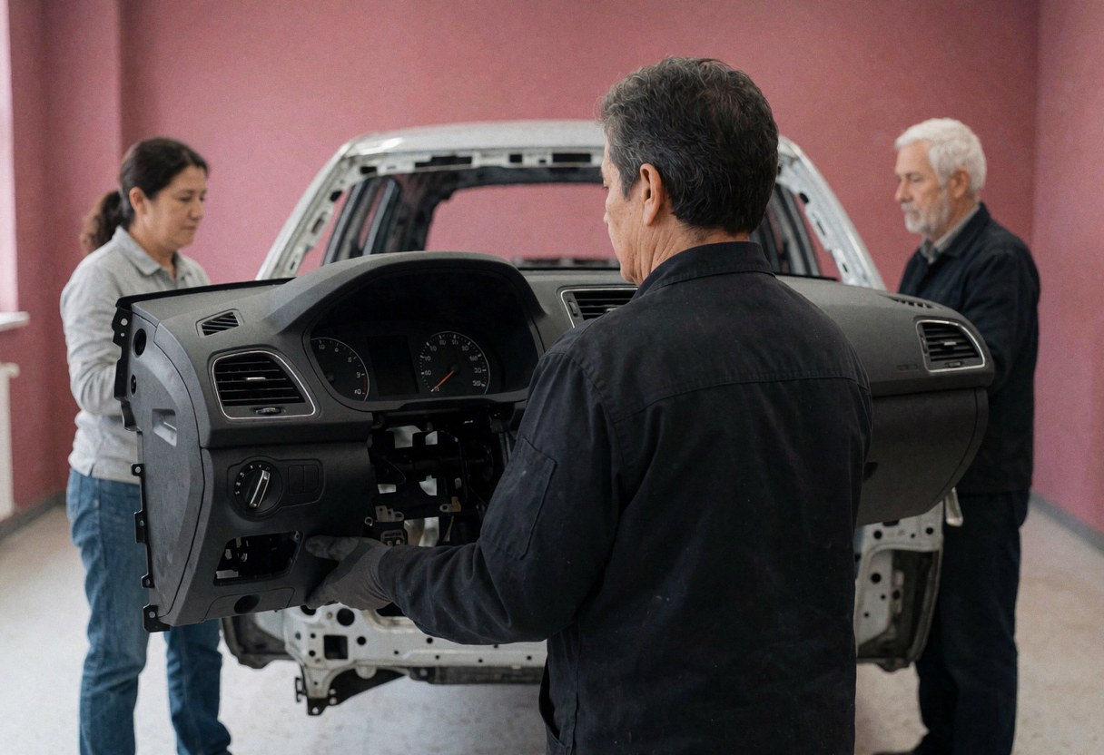 A worker lifts a car dashboard in a workshop with pink walls while two people observe the work.