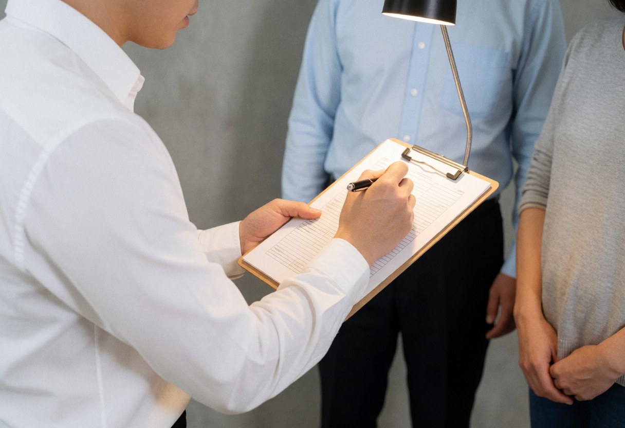 Insurance professional examines a document on a clipboard while seated at a concrete office desk under desk lamp light.