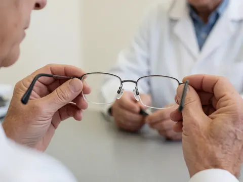 An optician in a white coat holds a pair of reading glasses for a client during a consultation.