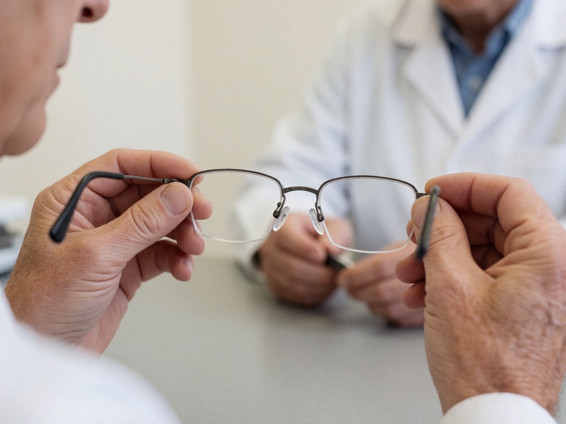 An optician in a white coat holds a pair of reading glasses for a client during a consultation.