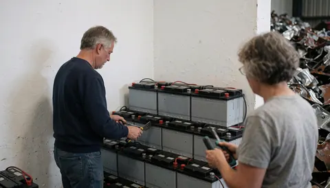 Two technicians inspecting lead batteries in a recycling facility with recycled metal and white walls in the background