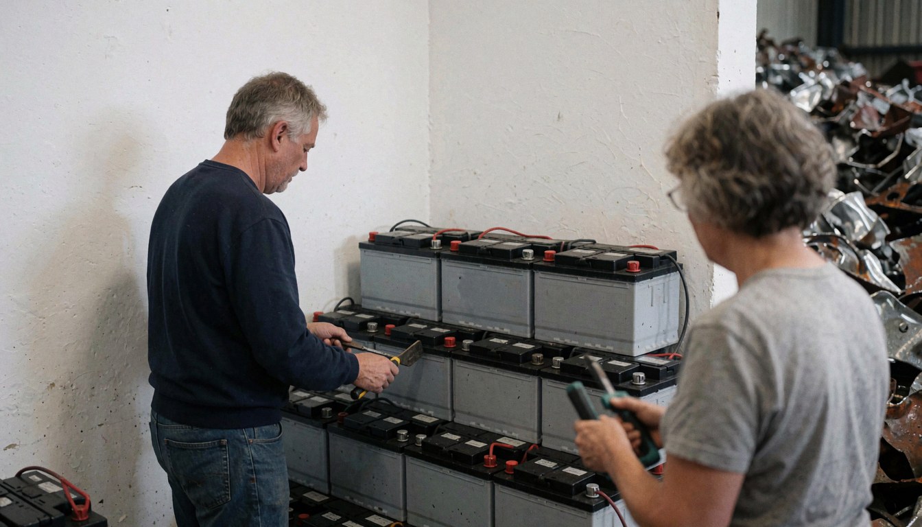Two technicians inspecting lead batteries in a recycling facility with recycled metal and white walls in the background