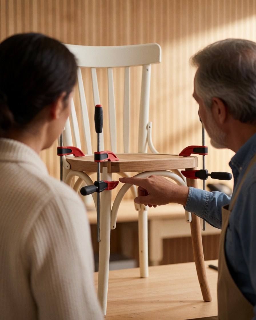 A client examines a wooden chair repaired with clamps in a workshop with slat walls and warm lighting.