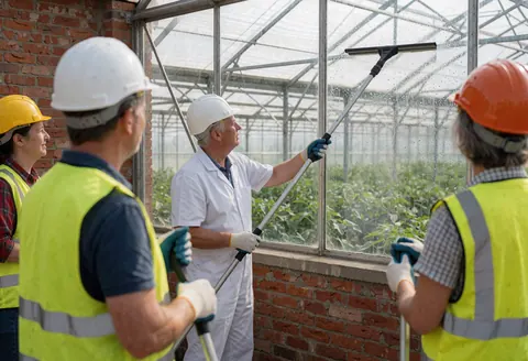 Workers wearing helmets and vests cleaning glass panels in a greenhouse with green plants.