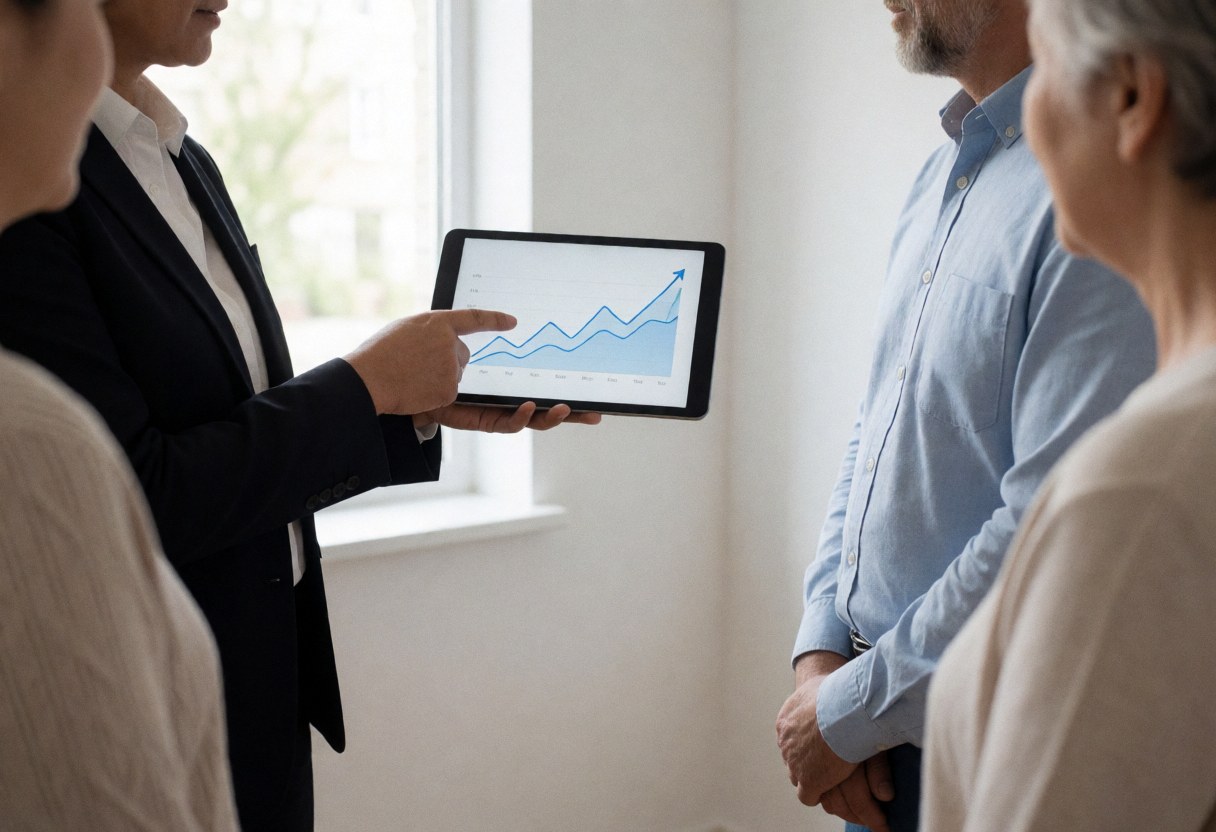 Professional insurance agent presenting a financial growth graph on a tablet to clients in a bright office with white walls.