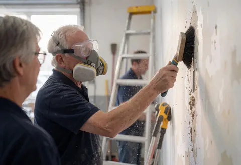 A worker wearing a respirator and safety glasses cleans a cracked wall using a bristle brush in a well-lit workshop.