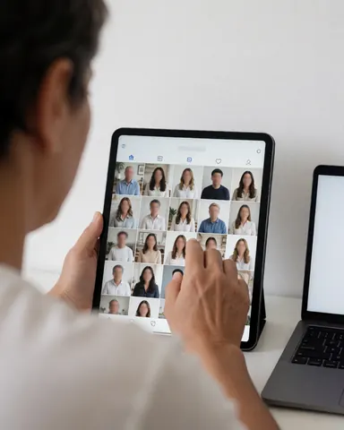 A satisfied client checks profile pictures on a tablet screen, a realistic scene for portrait photographers showcasing their service quality.