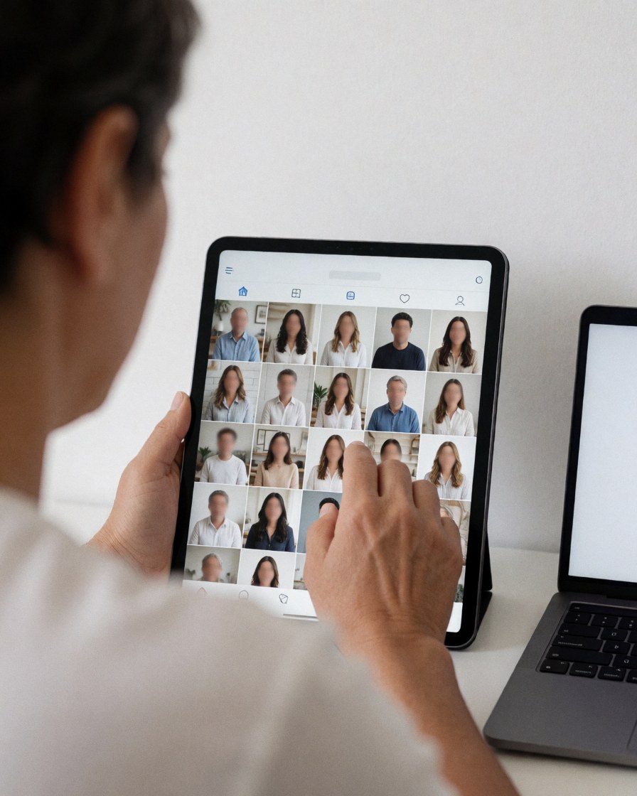 A satisfied client checks profile pictures on a tablet screen, a realistic scene for portrait photographers showcasing their service quality.