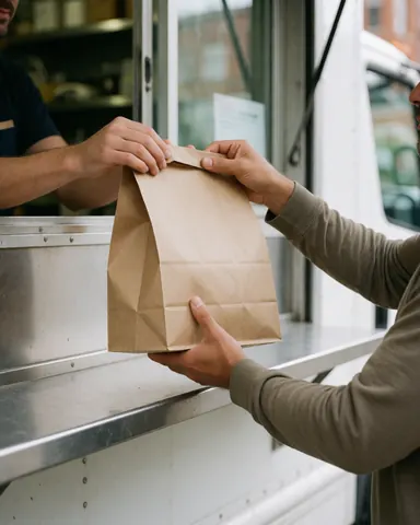 A customer receives a paper food bag from a mobile vendor truck in natural daylight, showing hands and action clearly.
