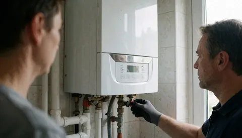 A technician wearing a glove adjusts a valve on a white wall-mounted boiler while a customer watches from the side.