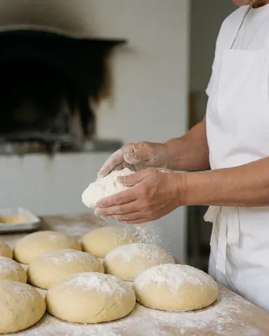 A baker sprinkles flour over raw bread dough in a rustic setting.