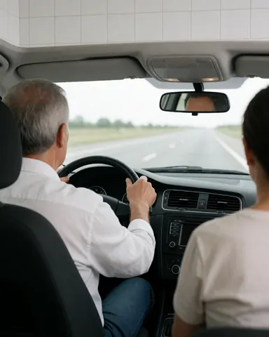 Driver's hands gripping the steering wheel while traveling down a straight road with side mirror visible.
