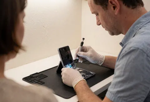 Technician with gloves using focused light on an anti-static mat during a mobile repair service