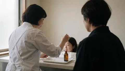 A professional wearing a white apron applies eyebrow oil to a client's brows with cotton swabs and bottles on a white table.