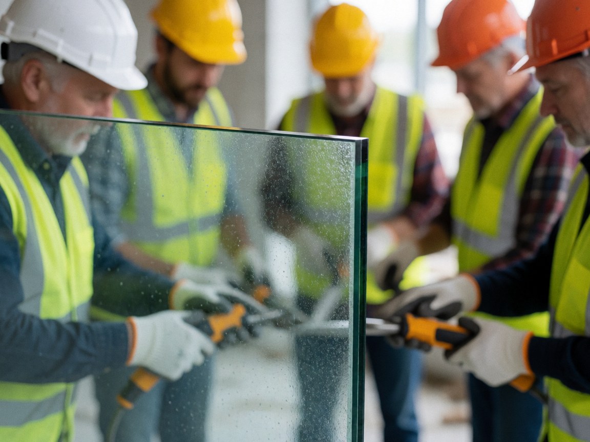Workers wearing helmets and vests install a tempered glass panel on a construction site.