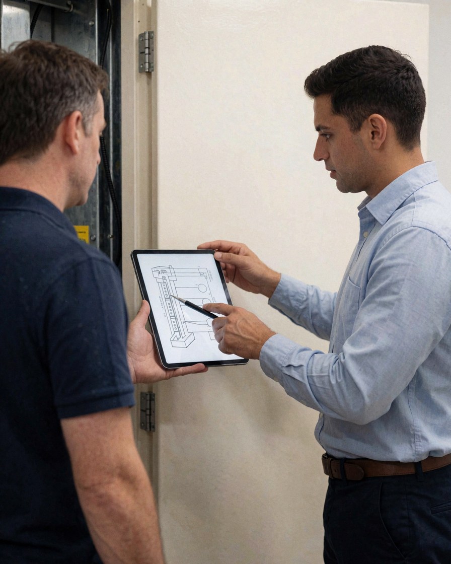 Two technicians review a technical diagram on a tablet near an access door in a clean industrial space.