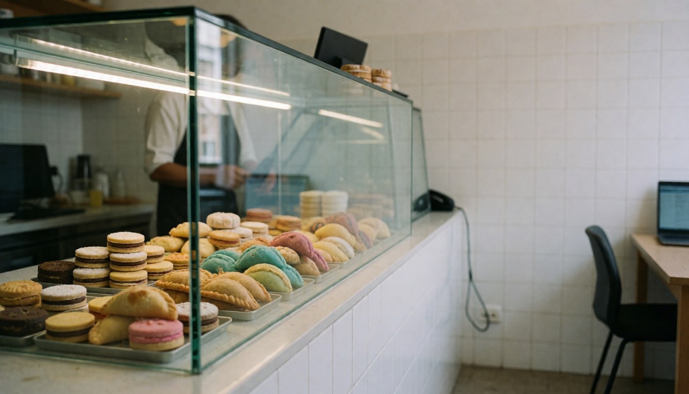 Bakery counter displaying colorful alfajores and empanadas with white tiled walls and a person working behind the counter.