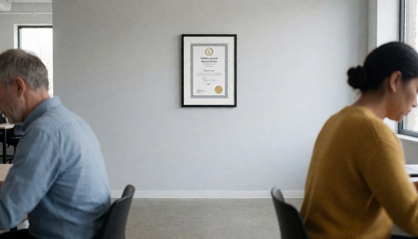 A framed certificate hangs on a gray wall in a modern office where two people work at desks with natural light.