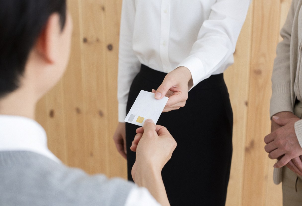 Professional insurance agent handing a policy card to a client in an office with wood paneling.
