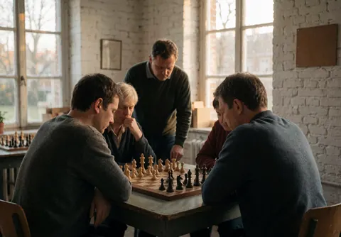 Four adults playing chess in a school room with white brick walls and natural light from high windows.