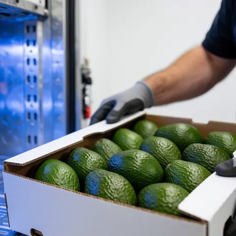 Gloved hand adjusts a cardboard box of green avocados inside a refrigerated transport vehicle with blue lighting.