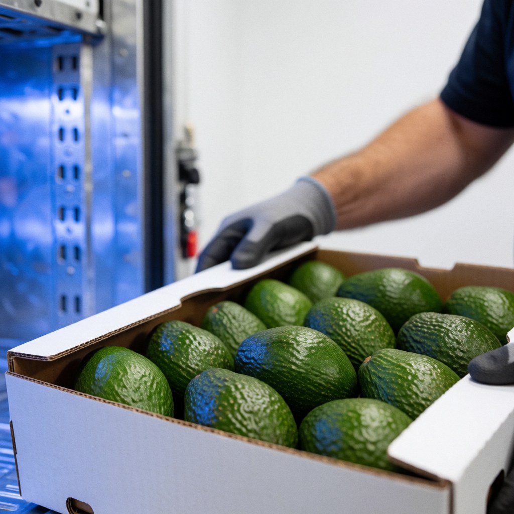 Gloved hand adjusts a cardboard box of green avocados inside a refrigerated transport vehicle with blue lighting.