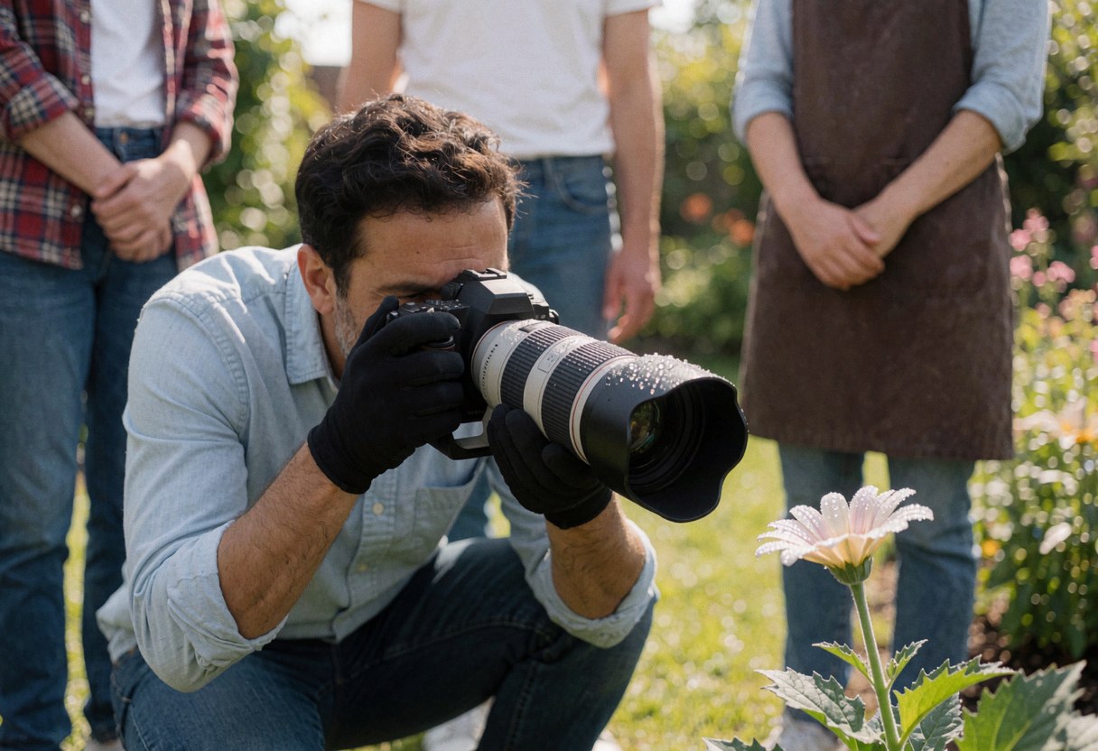 Professional macro photographer wearing gloves captures a close-up of a dew-covered flower in a garden with people standing in the background.