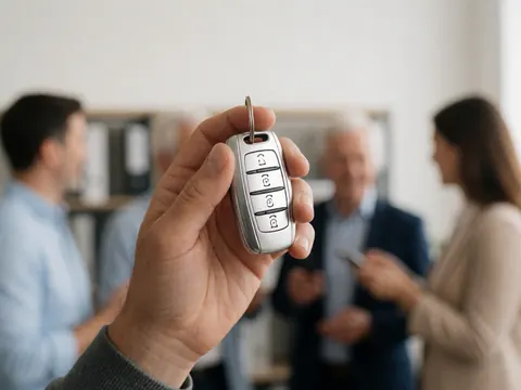 Close-up of a hand holding a car key in a professional office setting with a blurred background, suitable for insurance and property services.